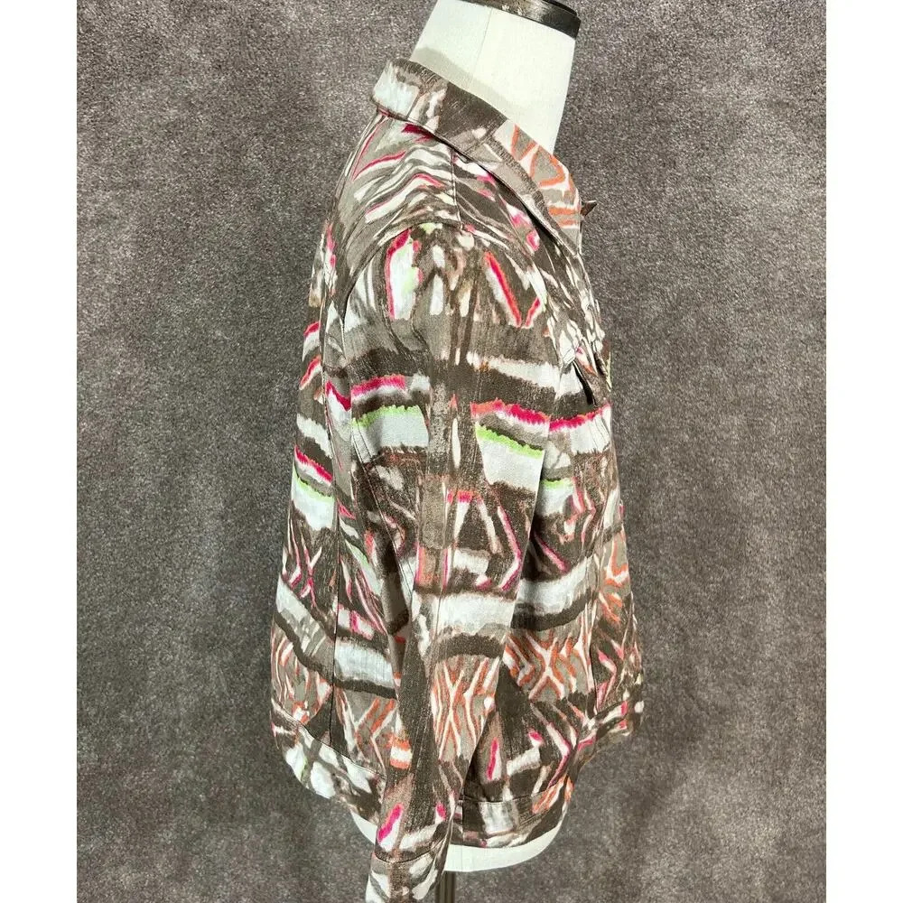 Chicos Jacket Womens 2 Large‎ 14 Brown Orange Pink Button Up 3/4 Sleeve Canvas
